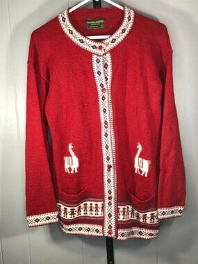 Vintage Peruvian wool Cardigan Red Button Alpaca Lama Sweater Women's LG
